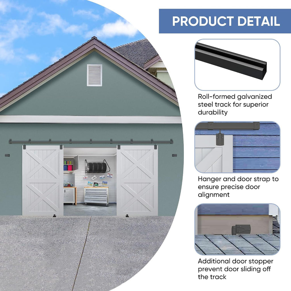 Exterior Barn Door Hardware Kit, BARNSMITH 14FT Sliding Barn Door Hardware Heavy Duty Doors Track Kit for Double Doors Use, Wall Mount, Black (Hardware Only)