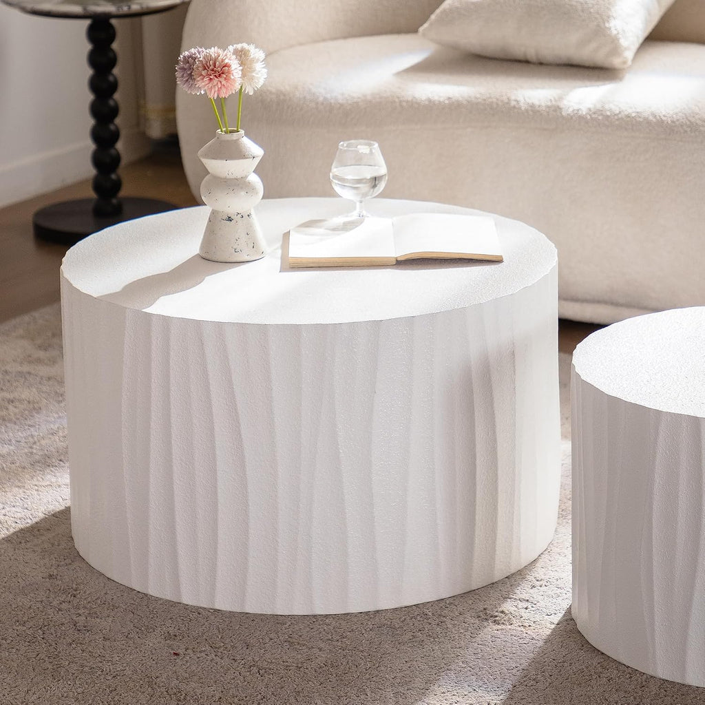 Nesting Coffee Table Set of 2 Round Wooden Coffee Tables Circle Modern Table for Living Room Bedroom Accent End Side Table White