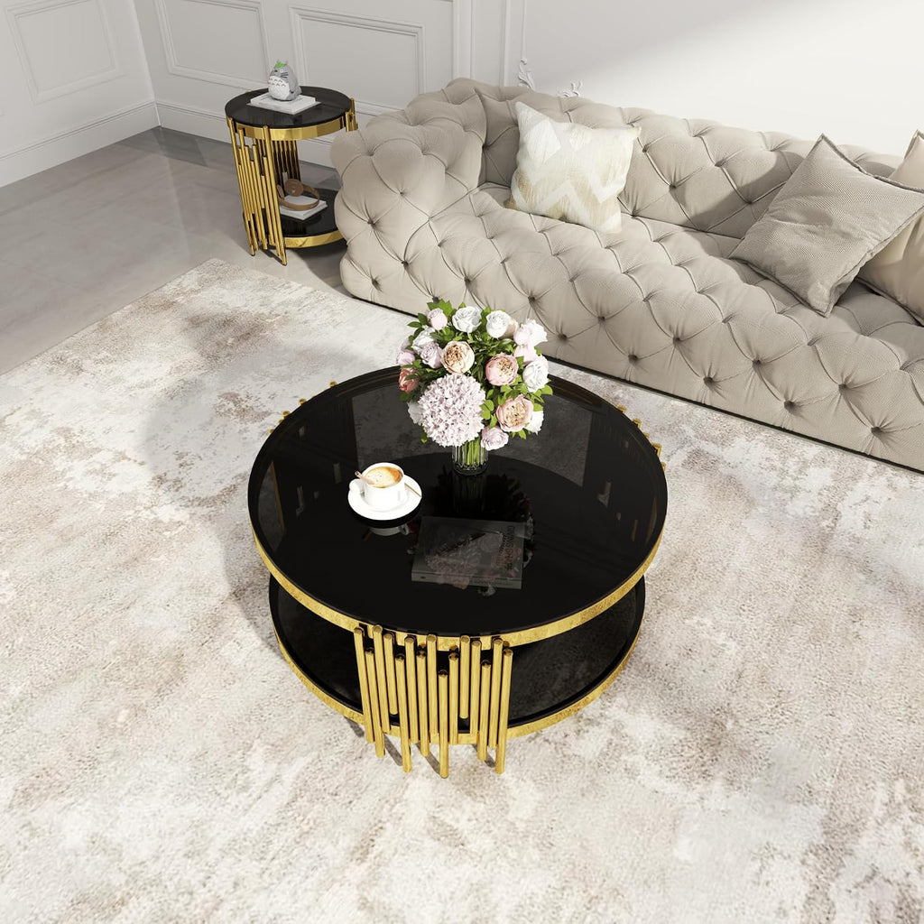 Round Glass Coffee Table Modern Living Room Table, 35.43' Gold Stainless Steel Leg Black Tempered Glass, Circle Sofa Center Table Furniture for Home Apartment Office, Gold