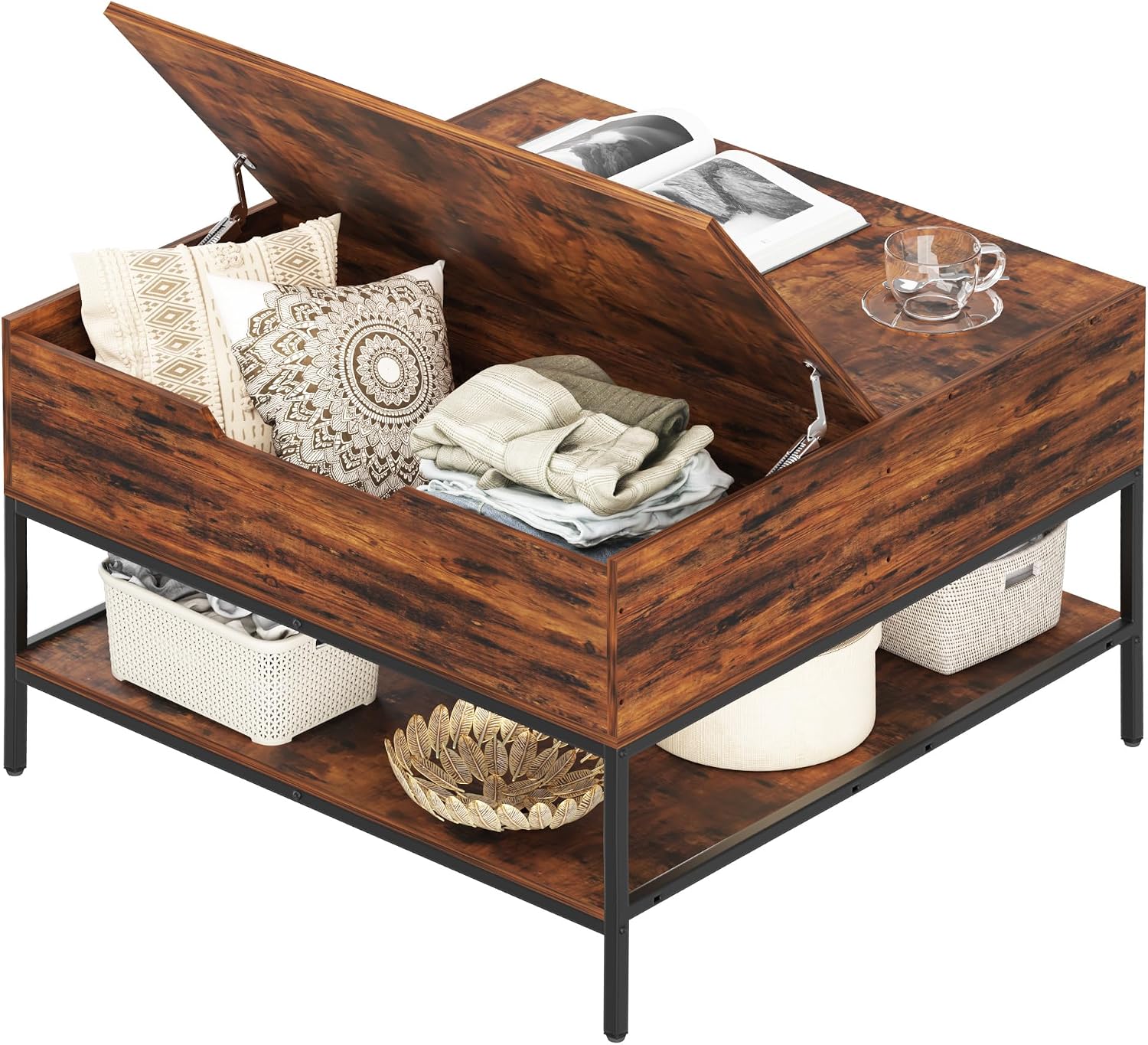 KEIKI 31.5' Flip-Top Coffee Table with Storage, Lift-Top Table, Dark Walnut & Black Metal, Farmhouse Modern Rectangular Living Room Table with Hidden Compartment & Open Shelves, Black
