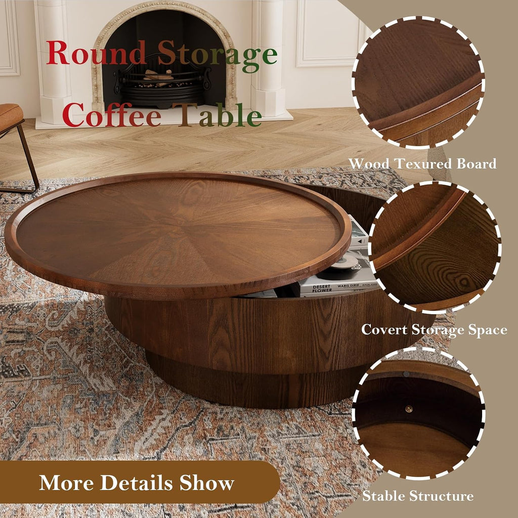 Round Coffee Table with Storage 30.7' Modern Stylish Circle Accent Table - Ample Tabletop & Covert Storage Space for Living Room Balcony Study (Brown-Storage Space)