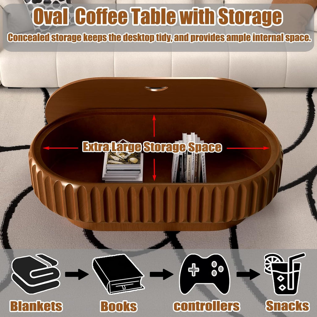 43.3' Oval Drum Coffee Table with Hidden Storage, Modern Fluted Coffee Tables with Solid Wood Veneer, Wooden Center Table for Living Room, Bedroom, Apartment, Easy Assembly