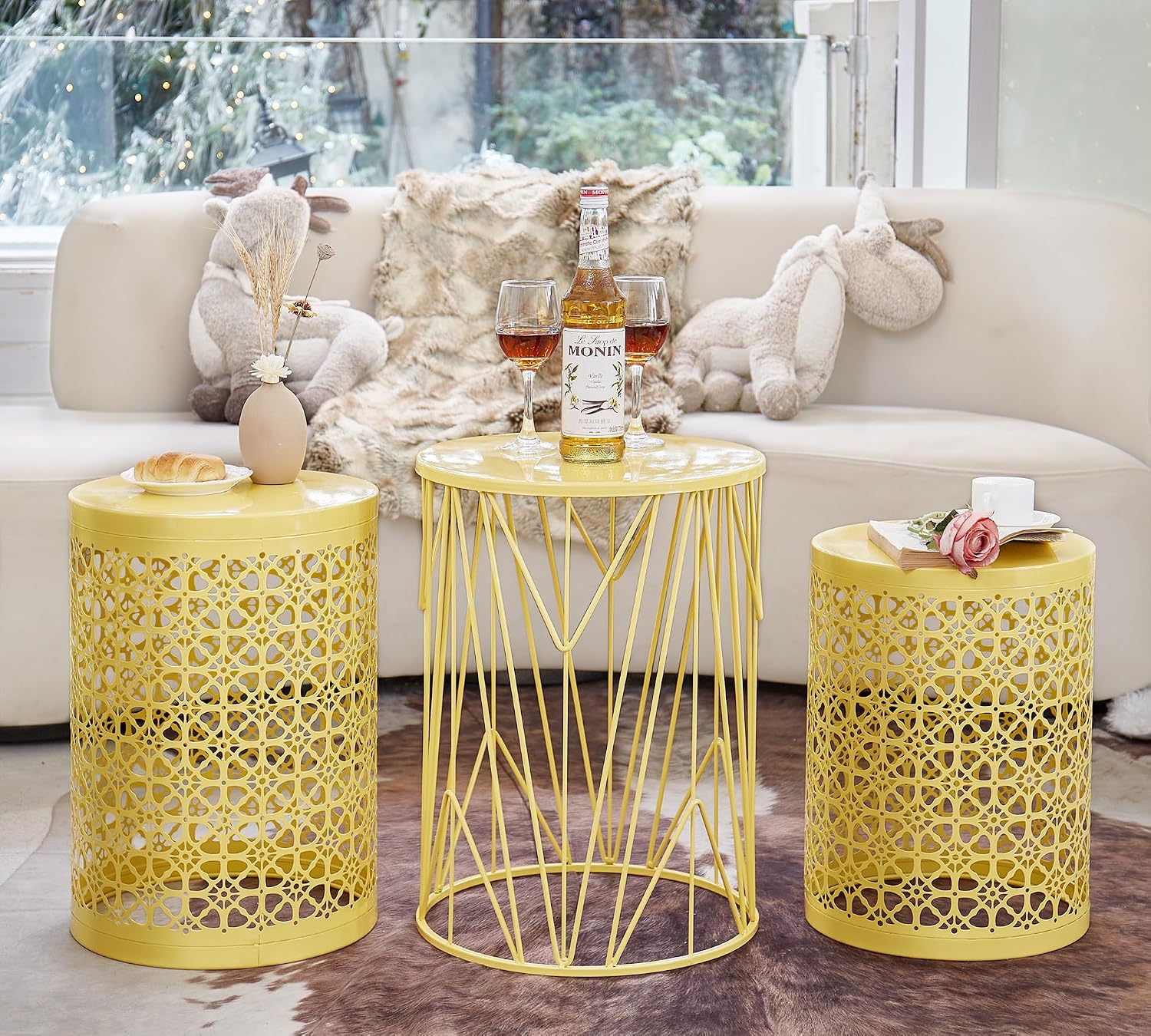 HFHOME Set of 3 Heavy-Duty Round End Table, Side Table, Coffee Table for Indoor Multifunctional Use, Outdoor Decorative Garden Stool Plant Stand-Yellow