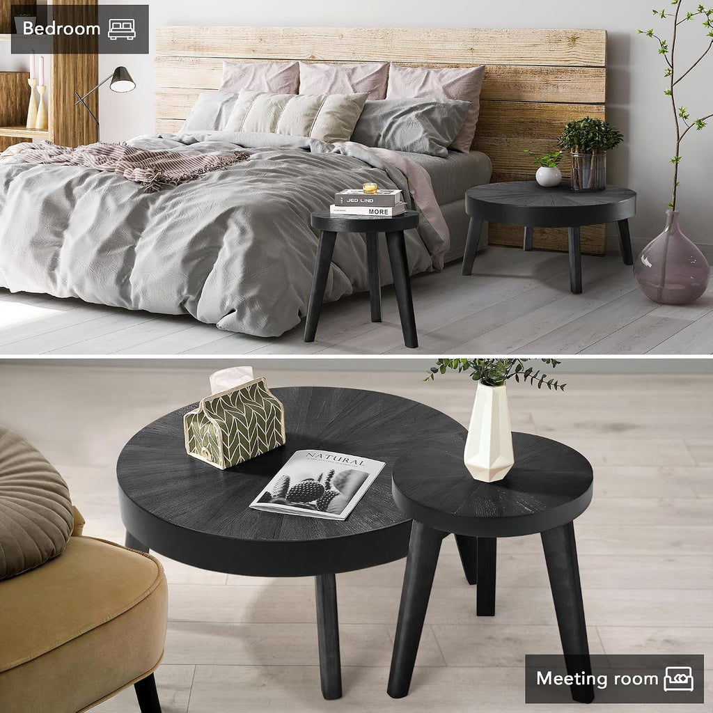 HOKYHOKY Farmhouse Round Coffee Table Set of 3, Black Sofa Side Nesting Tables End Table Set with Wood Natural Finish for Living Room, Bedroom, Home Office, Conference