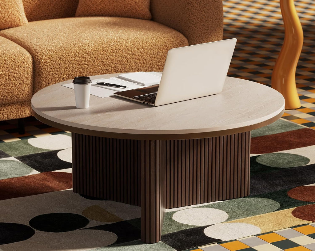 Morden Fort Round Coffee Table for Living Room, Faux Marble Coffee Table Sintered Stone Top & Solid Fluted Wood Base Modern Coffee Circle Table for Apartment Living Room Porch - 33'' Beige Top