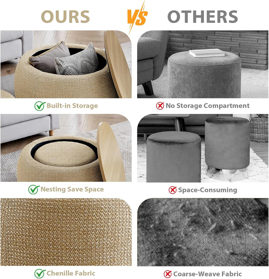 Round Ottoman with Storage Set, 25' +18' Circle Coffee Table Upholstered Nesting Modern End Table Footstool with Removable Wood Tray Woven Rattan for Living Room No Assembly, Natual