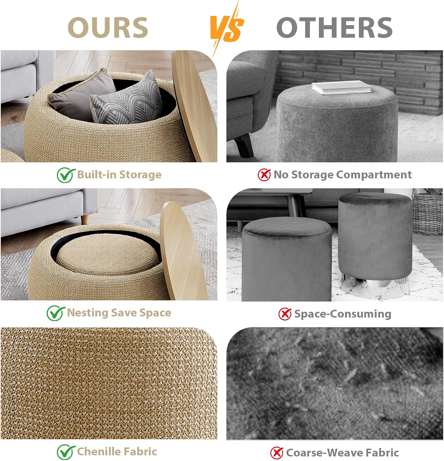 Round Ottoman with Storage Set, 25' +18' Circle Coffee Table Upholstered Nesting Modern End Table Footstool with Removable Wood Tray Woven Rattan for Living Room No Assembly, Natual