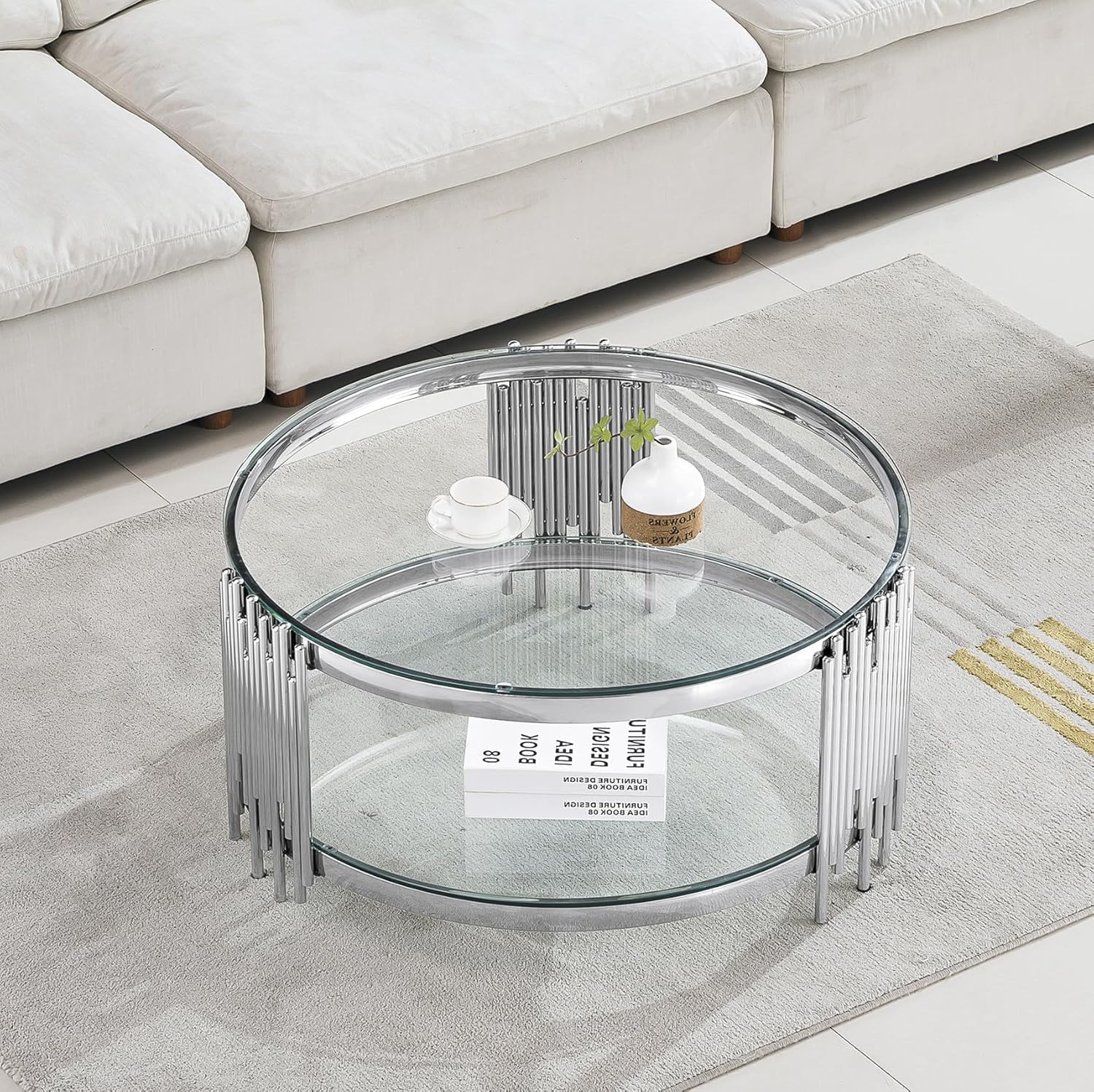 Luxury Glass Round Coffee Table Set of 2, Glass Circle Coffee Table and Clear Glass Side Table with Silver Stainless Steel Base, 2 Piece Living Room Coffee Table Set for Apartment Bedroom
