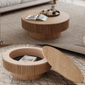 31.5' Round Coffee Table with Hidden Storage Compartment, Modern Handcraft Fluted Drum Coffee Table, Wooden Circle Center Table Cocktail Tea Table with Sturdy Pedestal for Living Room,Natural