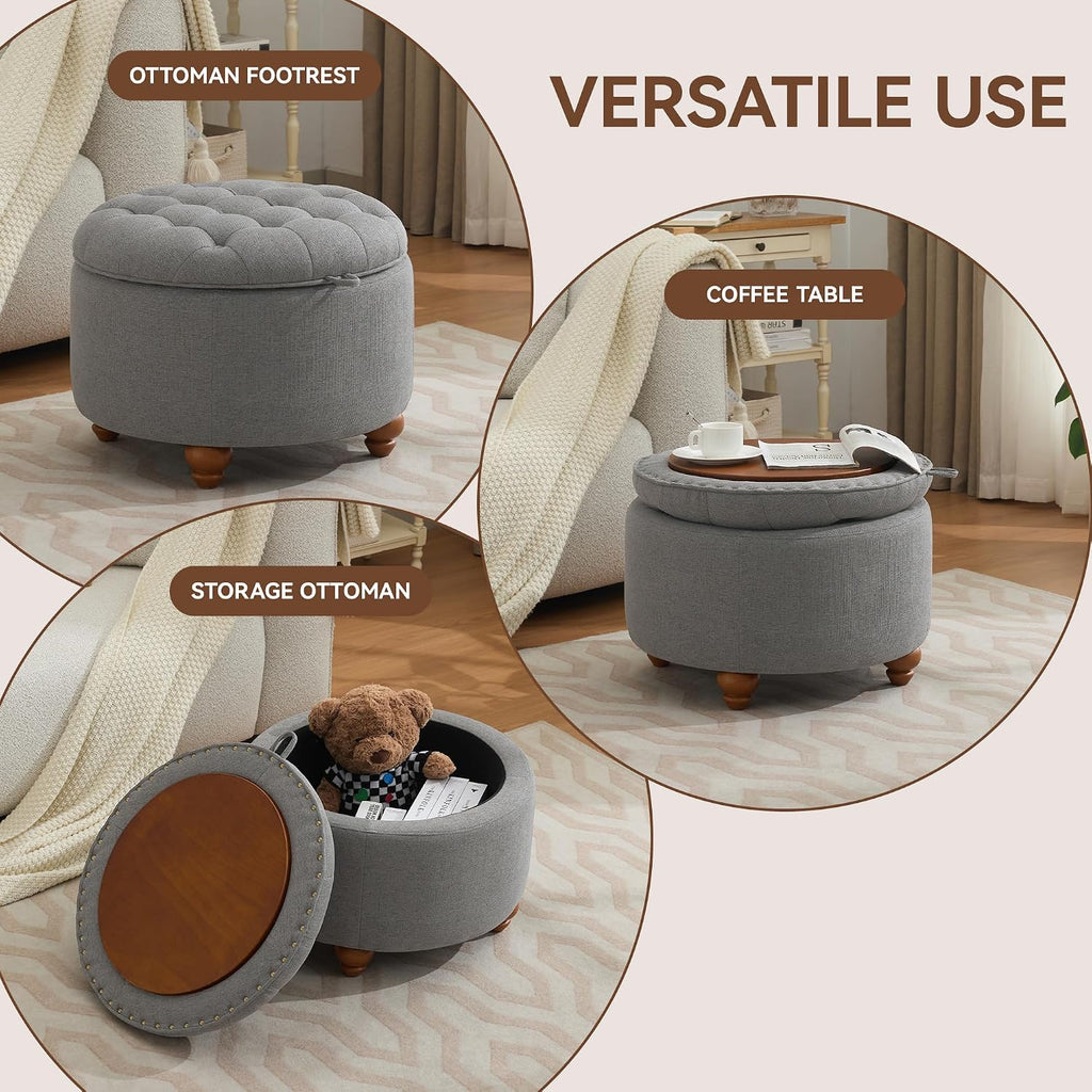 WUTUTUEE 24Inch Round Storage Ottoman with Tray, Modern Tufted Fabric Circle Coffee Table with Storage, Upholstered Ottoman with Removable Top for Living Room, Bedroom, Light Grey