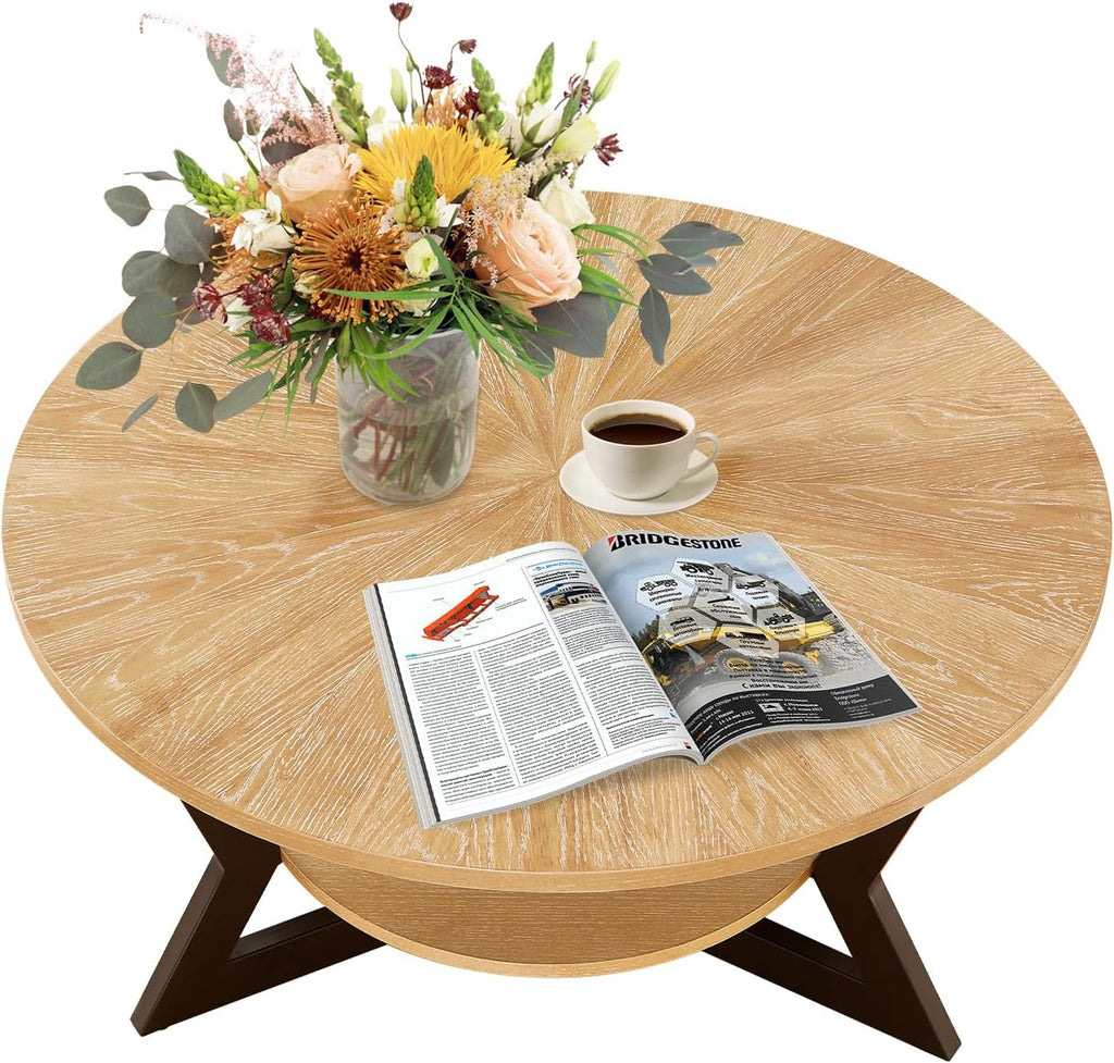 Round Coffee Table, Wood Circle Coffee Table with 2-Tier Storage, Center Table for Living Room Bedroom Office Apartment, Easy Assembly, 35'x 18'Inches, Light Brown