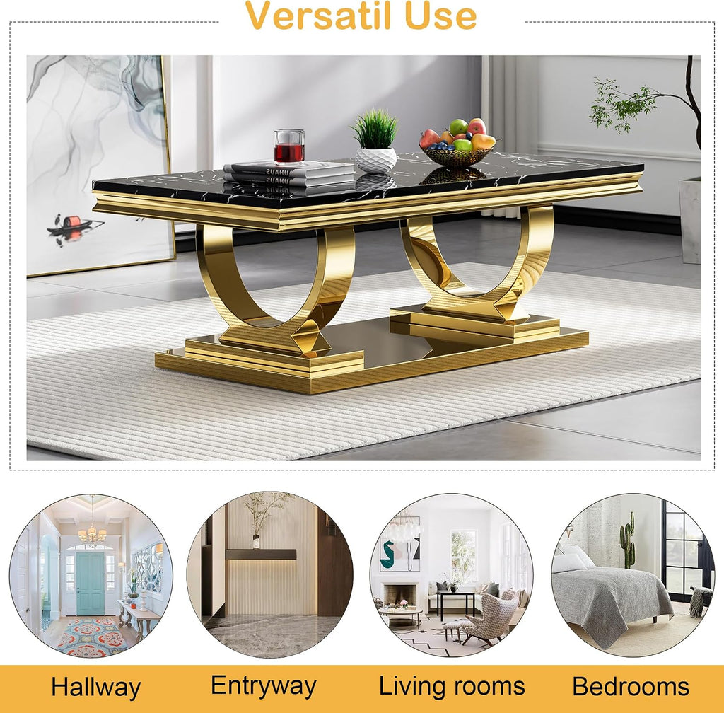 47'' Rectangular Marble Coffee Table Luxury Black Faux Marble Center Table with Gold Double-O Stainless Steel Pedestal Elegant Cocktail Table Sofa Table for Living Room Office