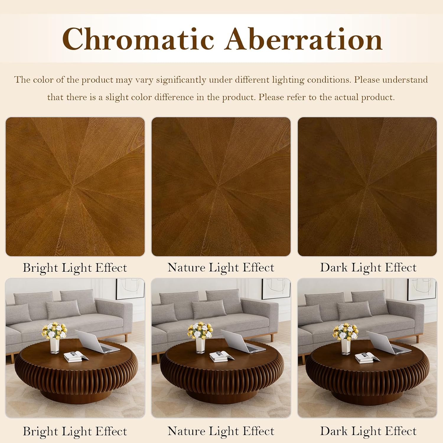 39.37' Round Fluted Coffee Table Unique Contemporary Wood Low Circle Drum Tea Tables with Sturdy Pedestal for Small Space (I Walnut 39.37in)