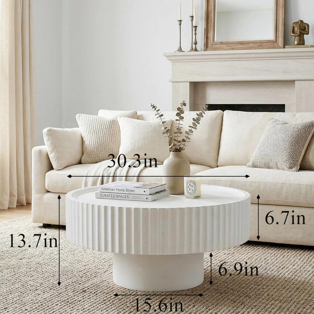 Round Coffee Table, Modern Living Room Table, Wood Center Table with Fluted Drum, Circle Coffee Tables with Fine Grain Textured Tabletop, Farmhouse Tea Tables for Living Room,30.3×13.7in