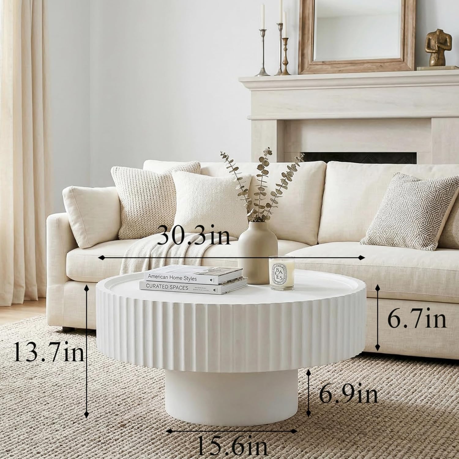Round Coffee Table, Modern Living Room Table, Wood Center Table with Fluted Drum, Circle Coffee Tables with Fine Grain Textured Tabletop, Farmhouse Tea Tables for Living Room,30.3×13.7in