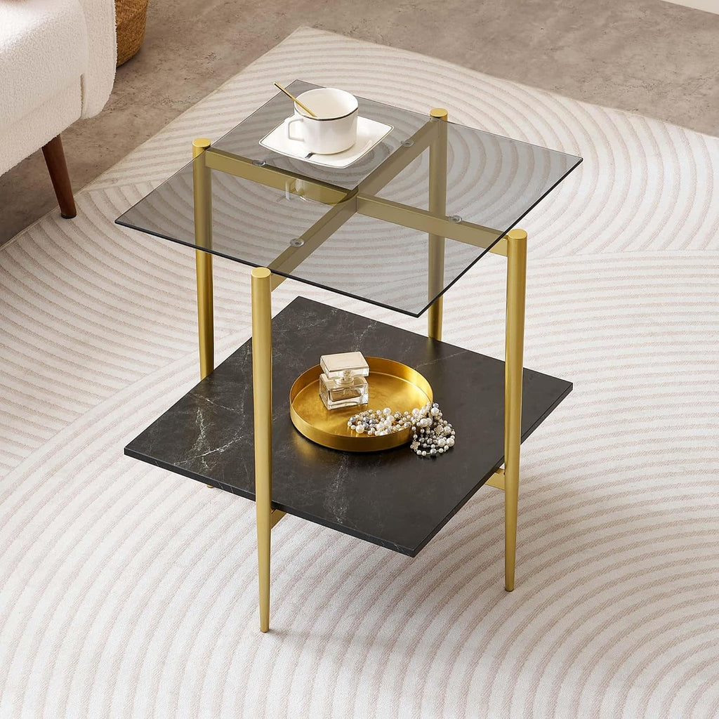 LumFurn Glass End Table, Mid-Century Modern Design Sofa Table, for Living Room, L18 x W18 x H23 in, Clear Glass Top and Walnut MDF Shelf, Sleek Conical Metal Legs with Gold Finish Frame