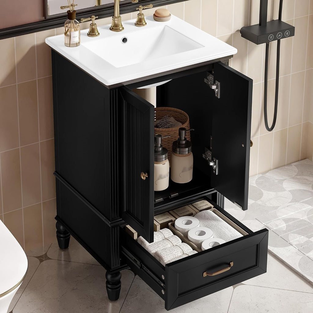 Stylish 20' Black Bathroom Vanity with Sink - Durable MDF Cabinet with 2 Doors, Adjustable Foot Pads, Drawer & Magnetic Door Stopper for Modern Homes