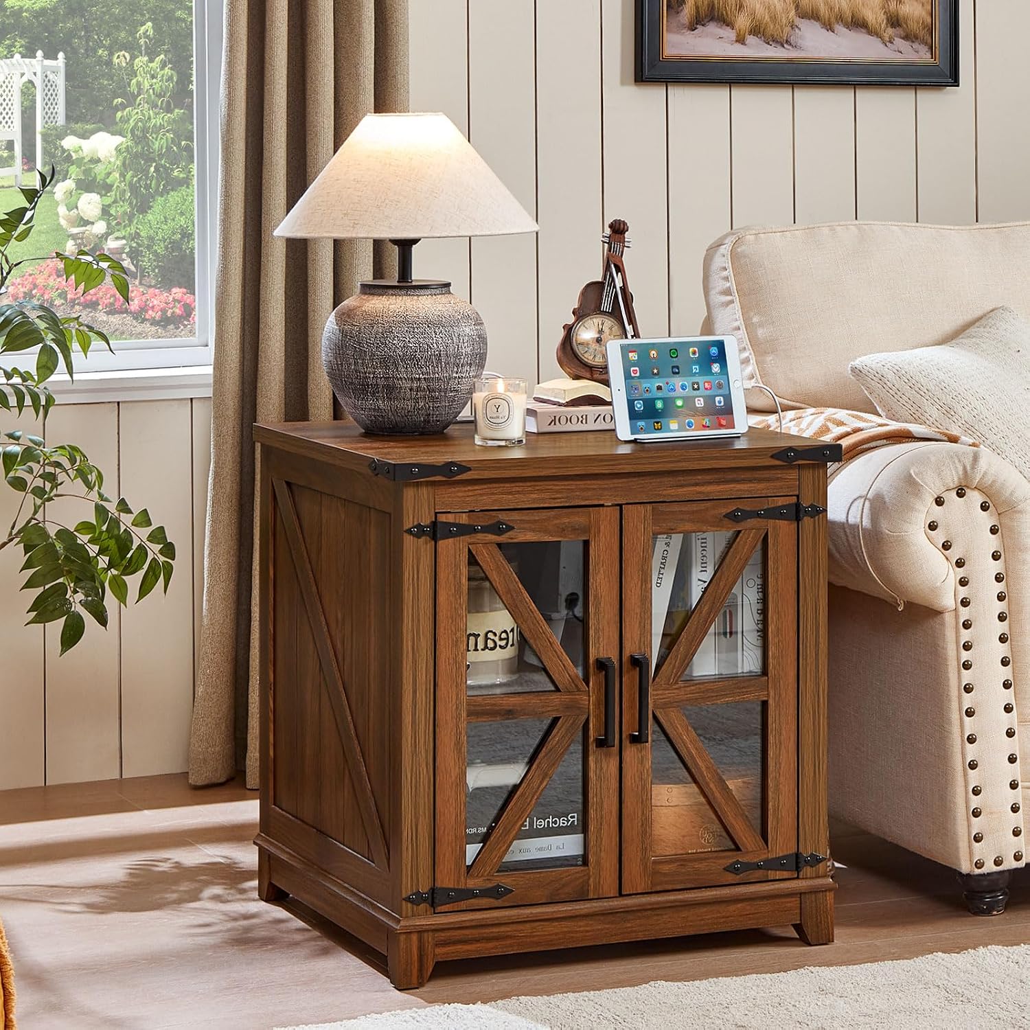 Farmhouse End Table Set of 2,24' Large Sofa Side Table with Charging Station Glass Barn Door,Wood Nightstand with Adjustable Storage Shelf,Square Bedside Table for Living Room,Bedroom,Office-Brown