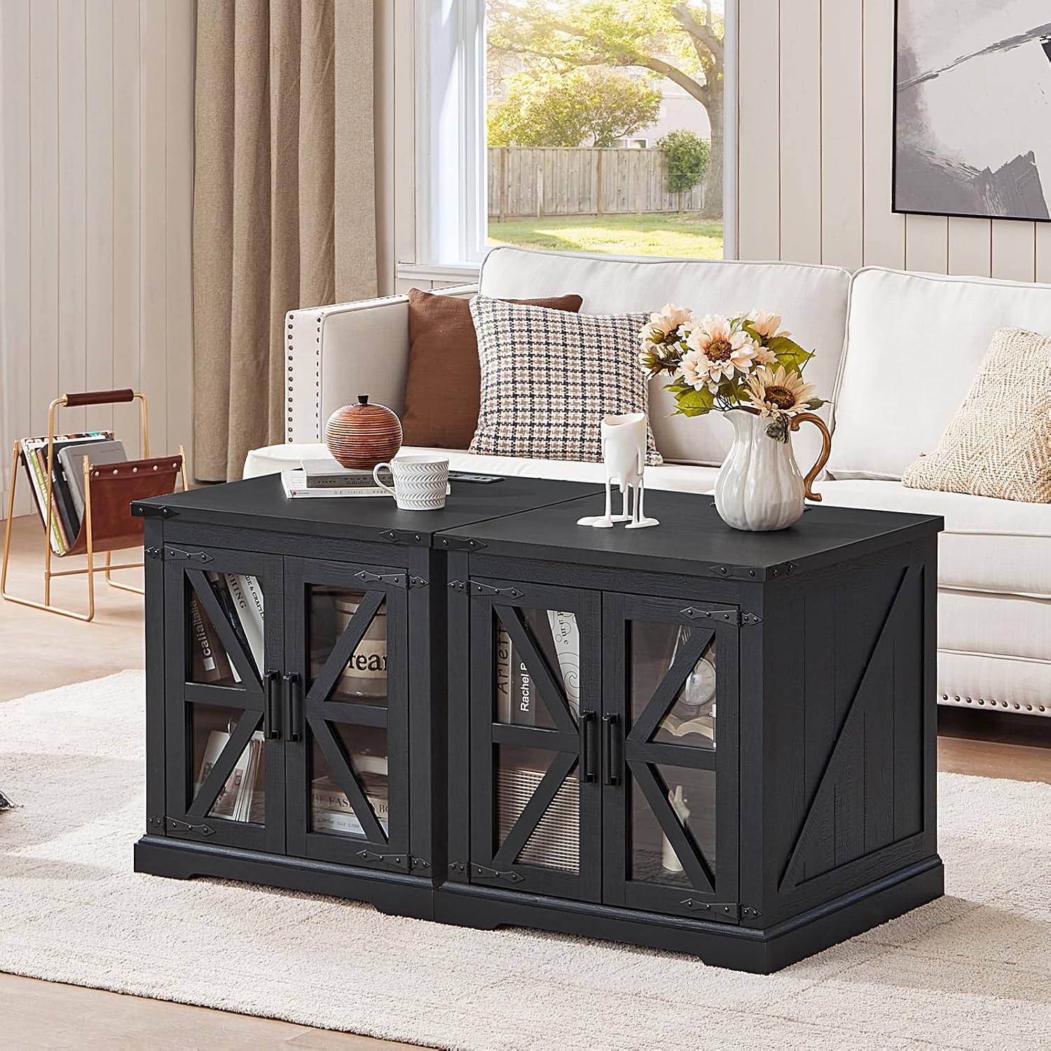 Joaxswe 24' End Table Set of 2 with Charging Station, Farmhouse Night Stand with Glass Barn Door, Nightstands with Adjustable Storage Shelf, Large Wood Square Bed Side Table for Living Room,Bedroom