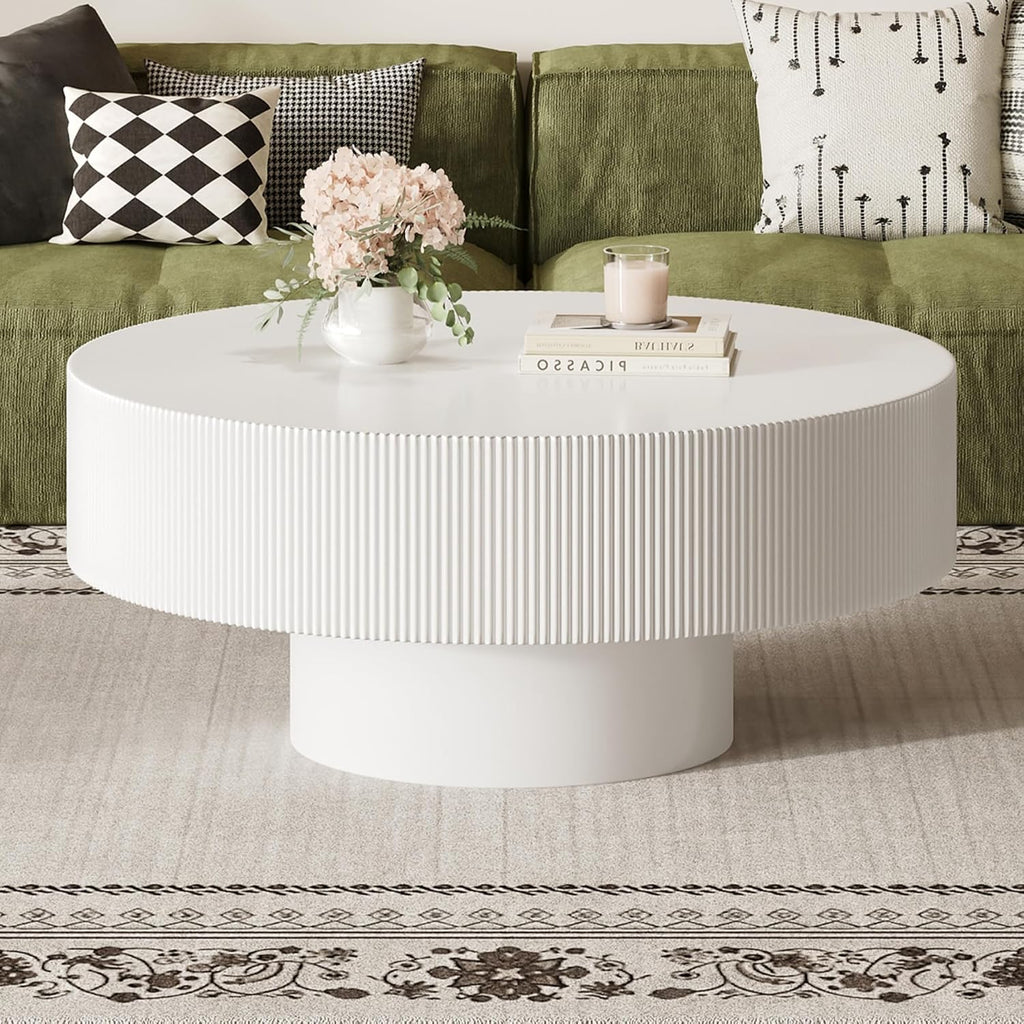 SOFTSEA Round Coffee Table for Living Room, Modern Drum Center Table, Fluted Side Table with Sturdy Base for Bedroom, Office, Apartment, 35.4'L x 35.4'W x 16.7'H, White