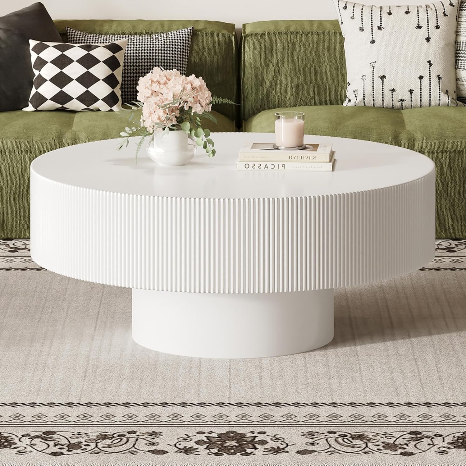 SOFTSEA Round Coffee Table for Living Room, Modern Drum Center Table, Fluted Side Table with Sturdy Base for Bedroom, Office, Apartment, 35.4'L x 35.4'W x 16.7'H, White