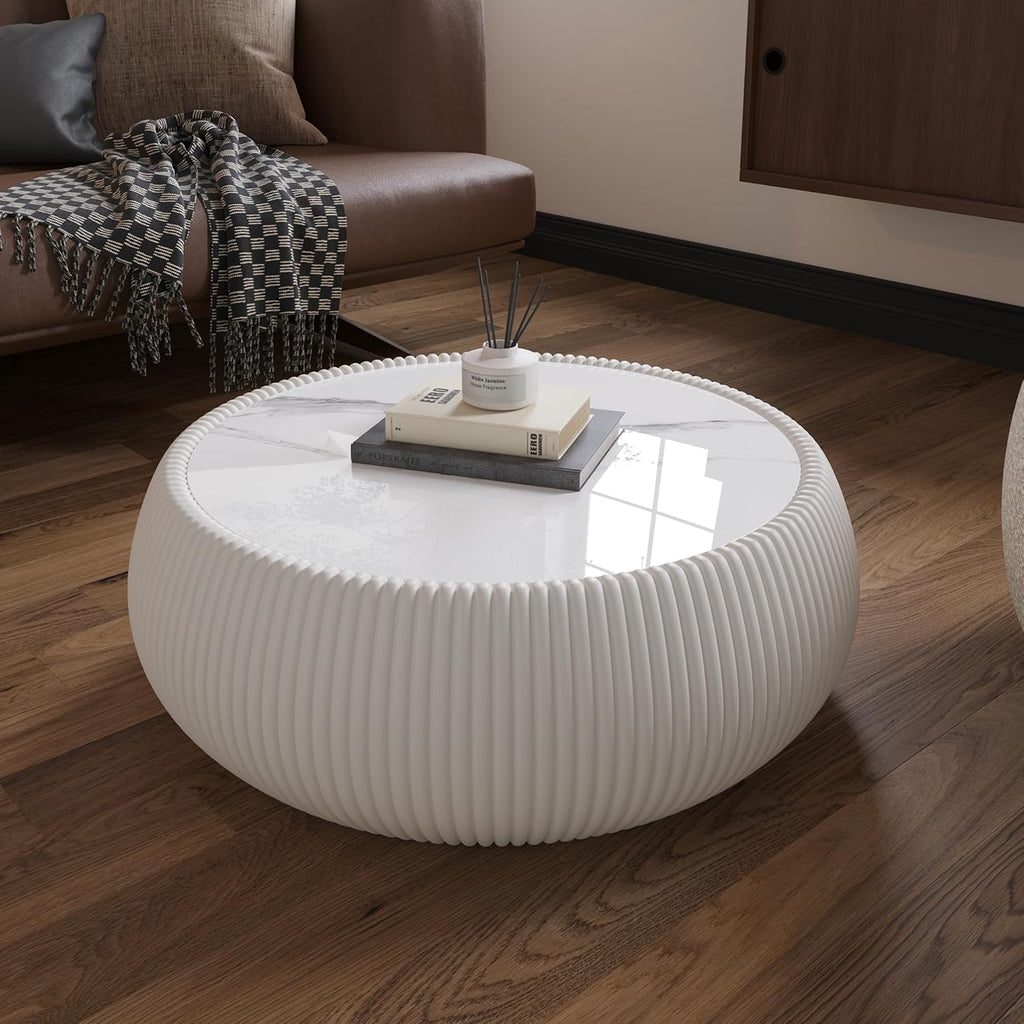 27.5' Drum Coffee Table, Light Grey Sintered Stone Top & Leather Base, Modern Round Side Table for Living Room, No Assembly
