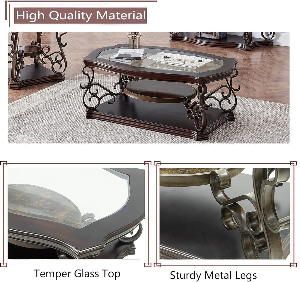 4 Piece Retro Coffee Table Set, Mid Century Modern Living Room Table Set, Traditional 3-Tier Coffee Table, Console Table and 2 End Tables with Tempered Glass Top & Storage Shelf for Living Room
