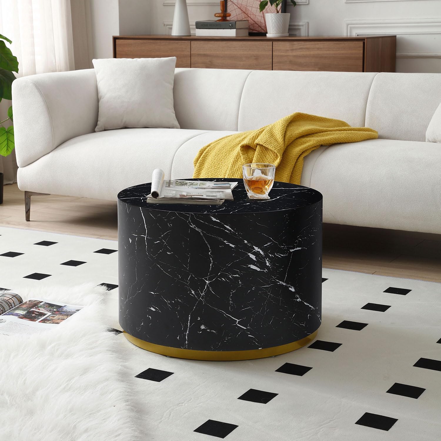 JUSTONE Faux Marble Coffee Table Set of 3,Modern White Coffee Table with Gold Rim Bottom,Perfect for Living Room Apartment, Black& Gold