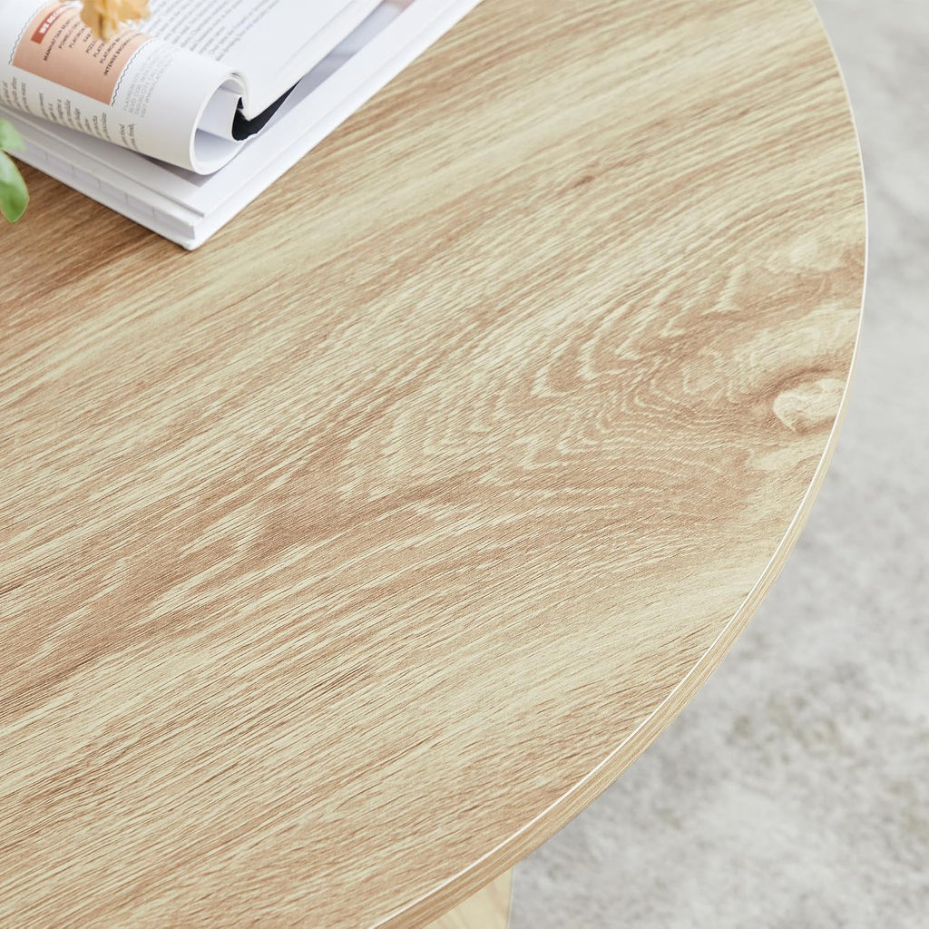 Round Coffee Table, Modern Farmhouse Wood Circle Center Table with Pedestal Base for Small Space, Living Room, Apartment, Natural