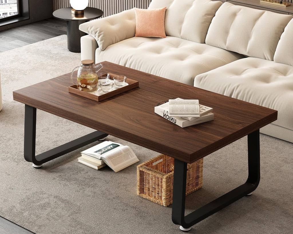 HSH Rustic Walnut Coffee Table, 39' Mid Century Modern Center Table, Rectangle Industrial Living Room Coffee Table, Simple Farmhouse Wood and Metal Tea Coffee Tables for Home Bedroom, Walnut, 39 in