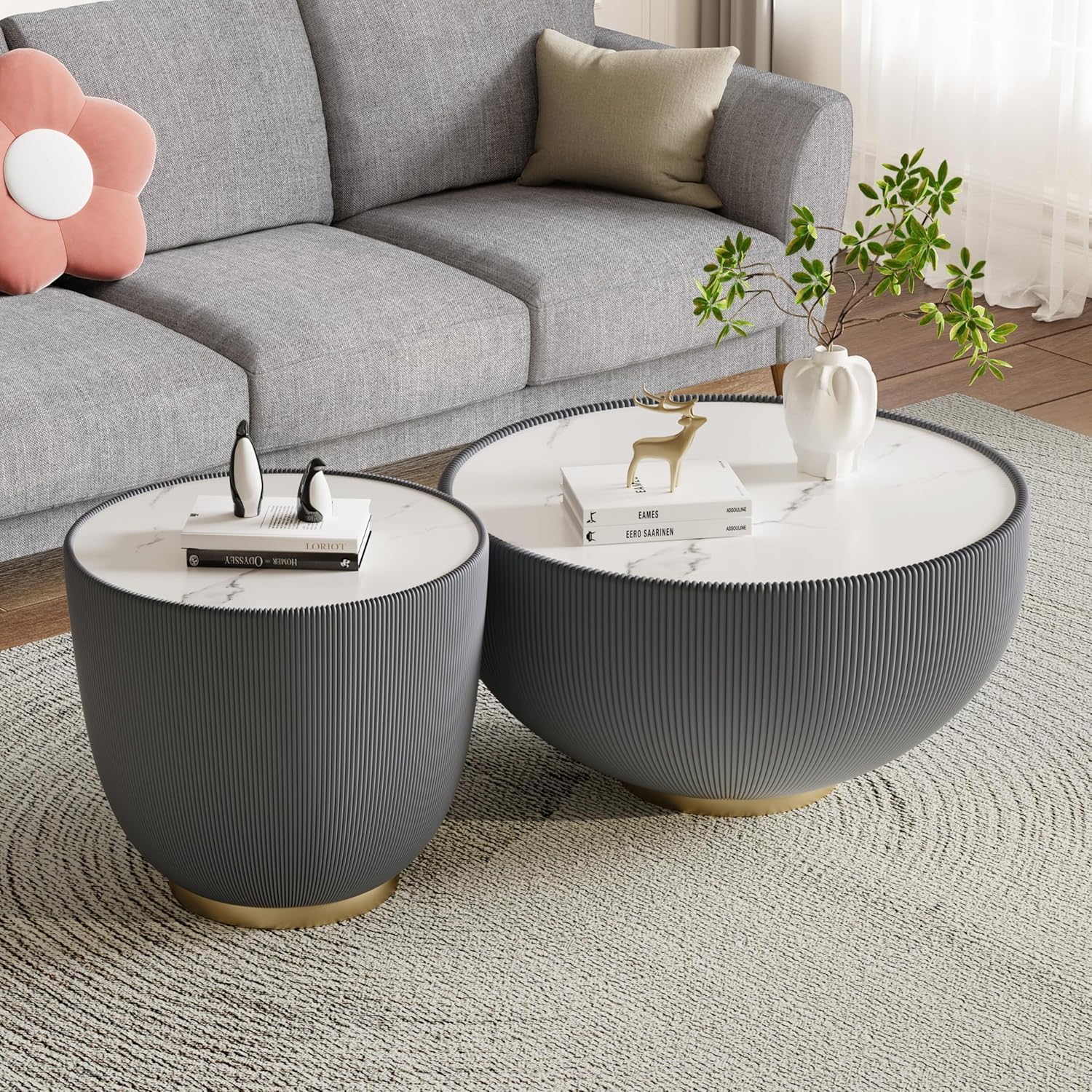 Round Coffee Table Set of 2, Sintered Stone Grey Coffee Table with Grey End Table, Nesting Tables for Living Room, Accent Side Table for Apartment Home Office, No Need Assembly