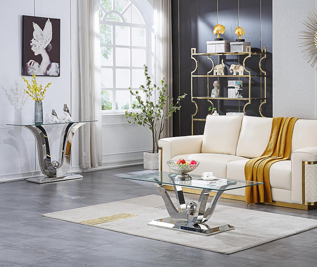 1 Piece Living Room Coffee Table Luxury Glass Center Table, Modern Silver Coffee Table with Floral-Shape Stainless Steel Pedestal Base