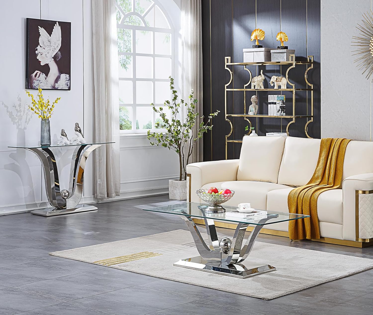 Modern Silver Glass Coffee Table Set of 2, Clear Glass Coffee Table and Console Sofa Table Set with Stainless Steel Frame, Luxury Silver 2 Piece Living Room Table Set for Home Office Apartment
