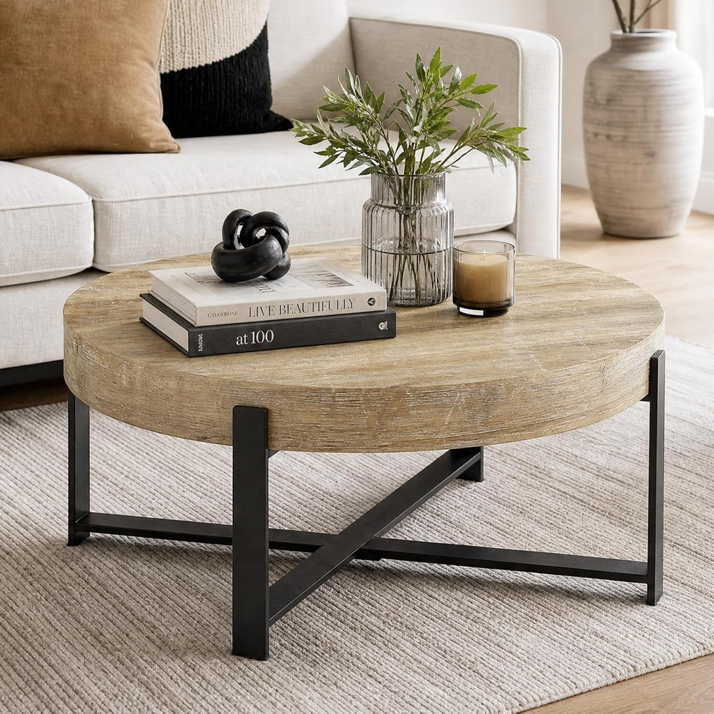 Round Coffee Table, Small Wood Coffee Table with Storage, Modern Rustic Distressed Wood Grain Circle Tables Accent Center Tables for Living Room Apartment Small Space (31.5''D-Retro Natural)