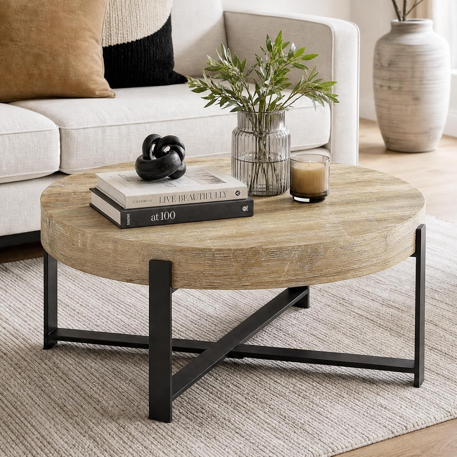 Round Coffee Table, Small Wood Coffee Table with Storage, Modern Rustic Distressed Wood Grain Circle Tables Accent Center Tables for Living Room Apartment Small Space (31.5''D-Retro Natural)