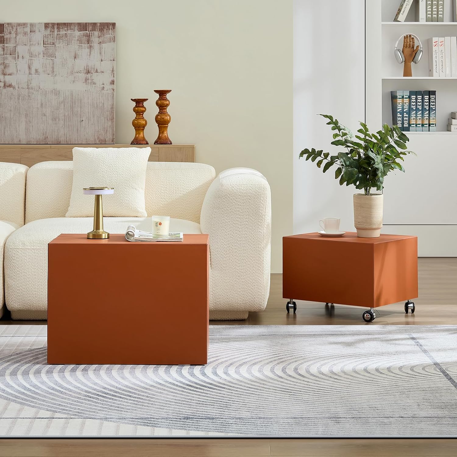 23.62' Modern Leather Coffee Table Set, Minimalist Center Table with Wheels, Wooden Coffee Table Sets for Living Room, Apartment, Office, Bedroom, Orange