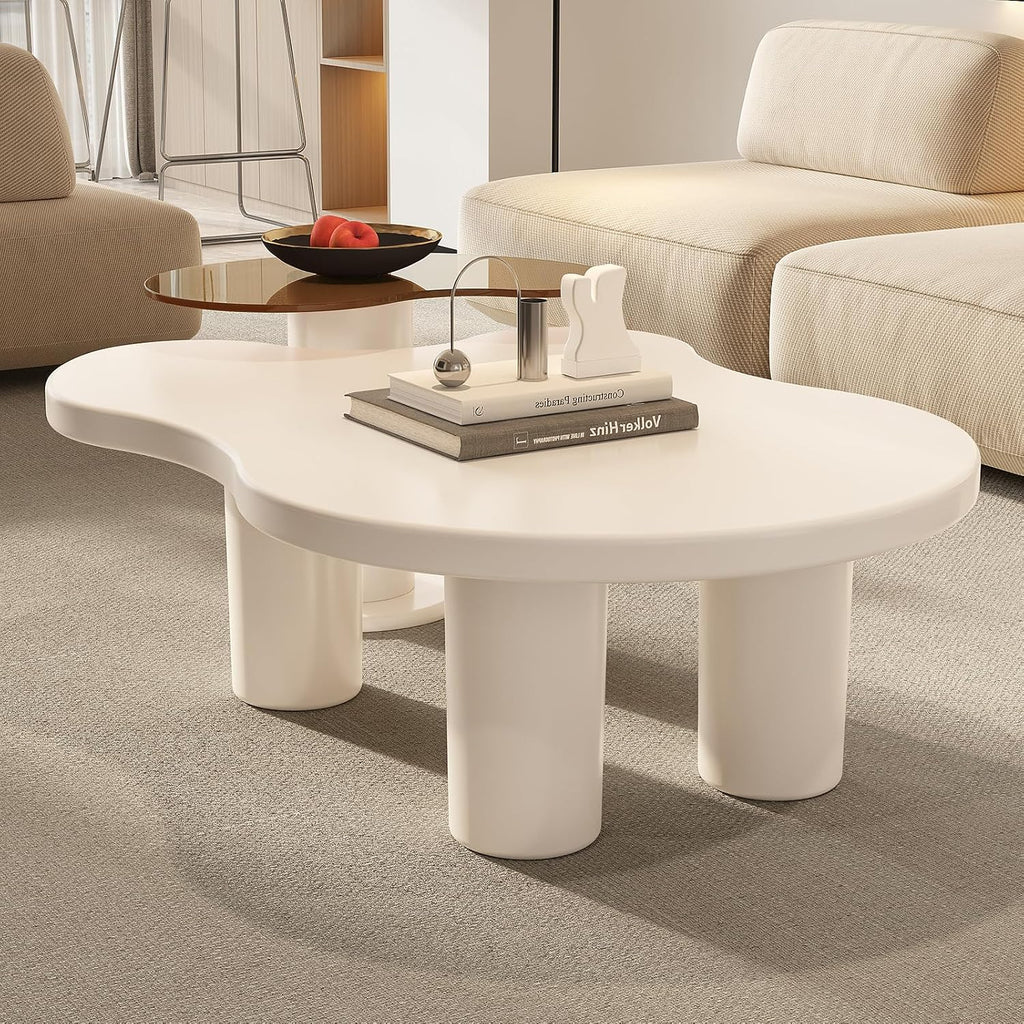 Nesting Coffee Table Set of 2, Modern Irregular Coffee Table & Tempered Glass End Table for Living Room, Unique Funky Center Table Set for Small Spaces, Easy Assembly, White