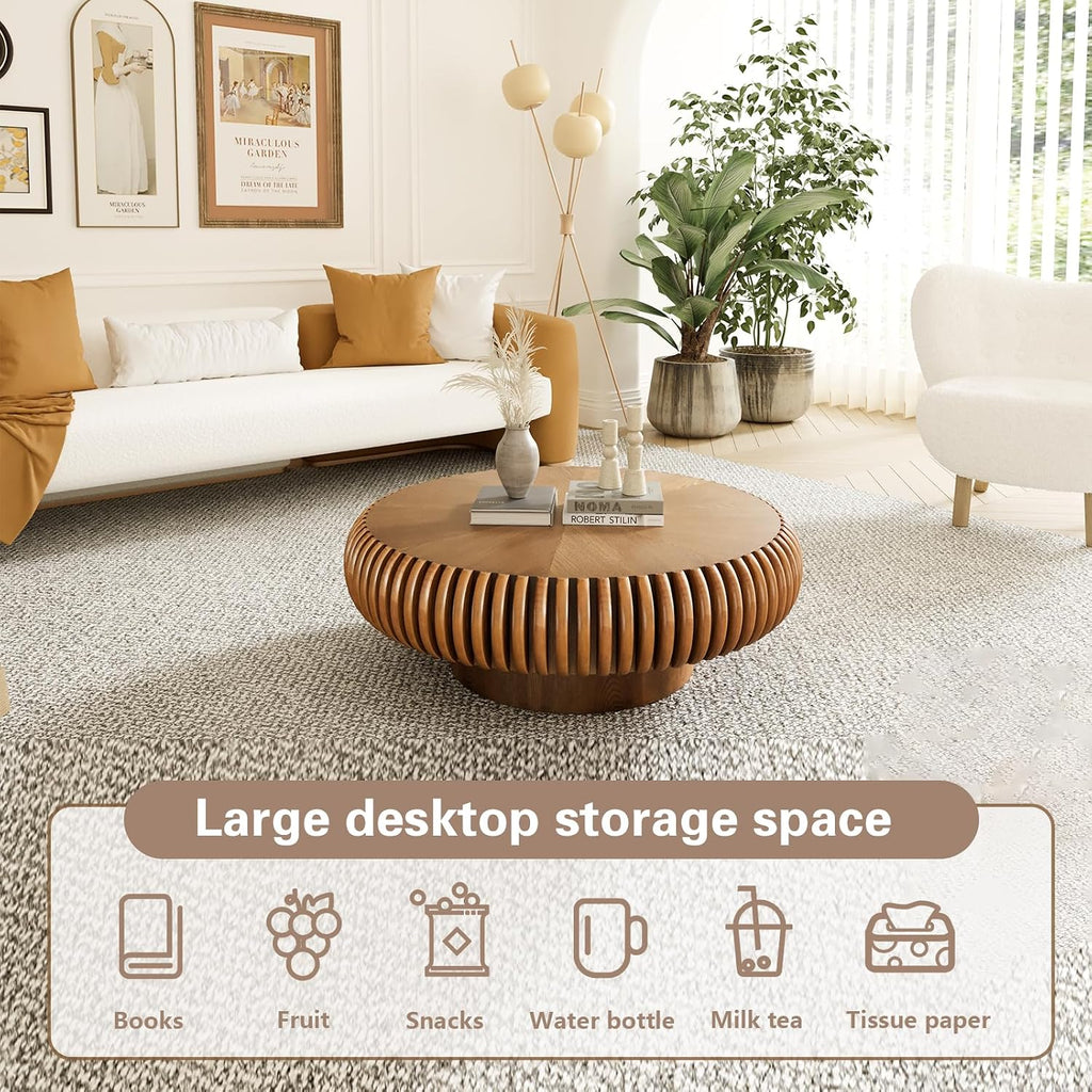 Round Drum Coffee Table Modern Coffee Tables Fluted Coffee Table Circle Center Table Pedestal End Table for Living Room Bedroom(Brown 31.5in)