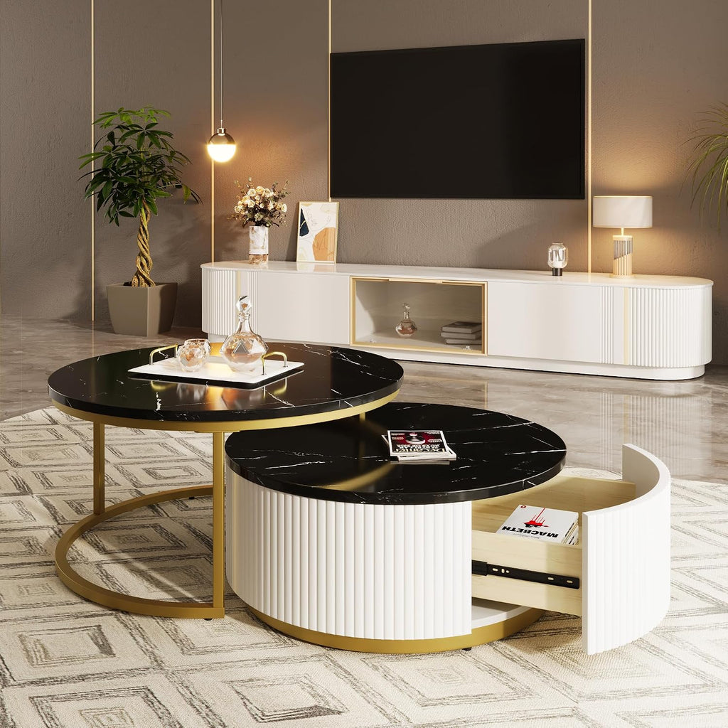 Lift Top Nesting Coffee Table Set of 2, 31.5' Modern Round Coffee Table with Drawer, Circular Wood Center Table Set for Living Room, Apartment, Black & Gold