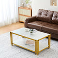 45'' Modern 2-Tiers Coffee Table with Golden Iron Frame, White Faux Marble Top, Rectangle Cocktail Center Table for Living Room Office, White and Gold Coffee Side Table for Apartment
