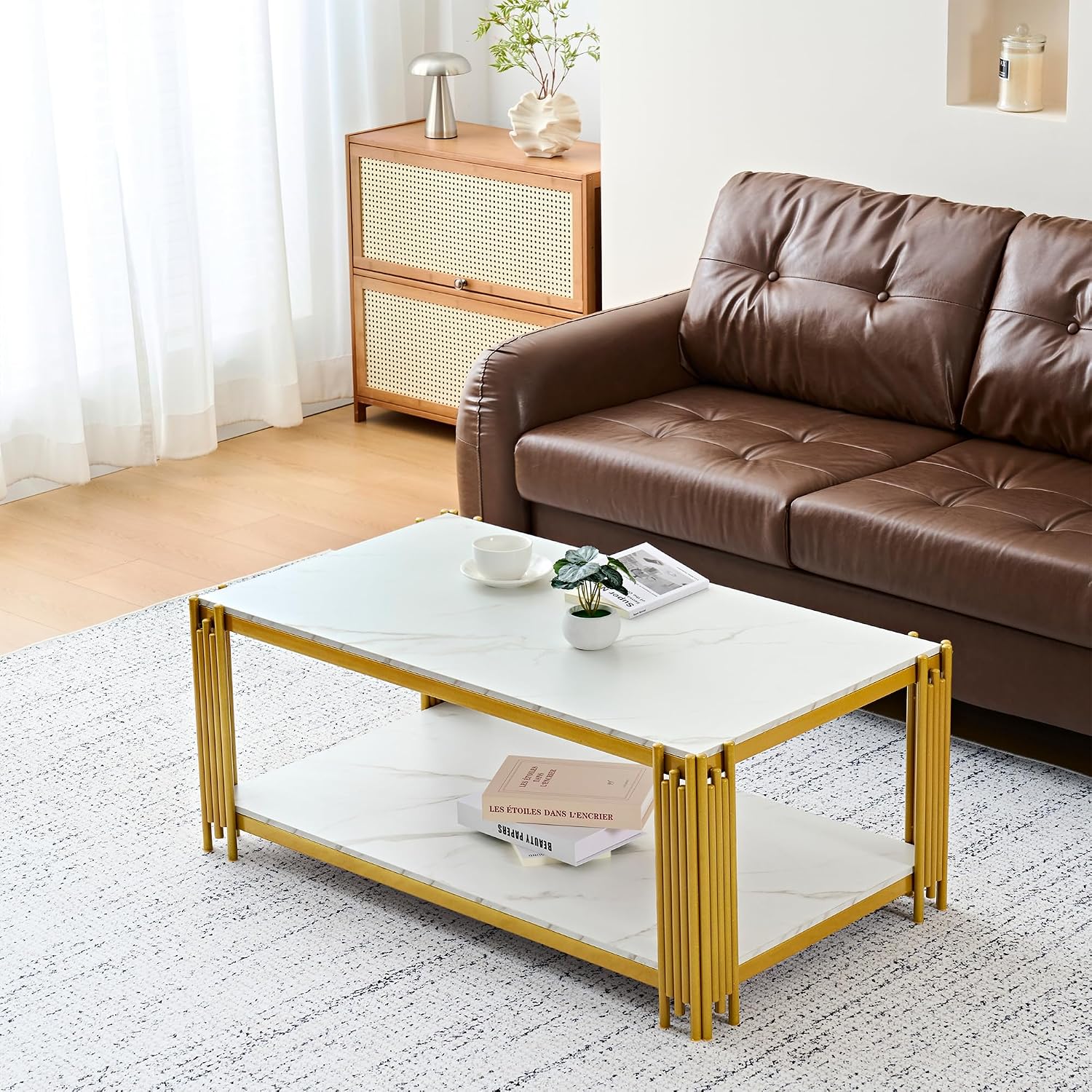 45'' Modern 2-Tiers Coffee Table with Golden Iron Frame, White Faux Marble Top, Rectangle Cocktail Center Table for Living Room Office, White and Gold Coffee Side Table for Apartment