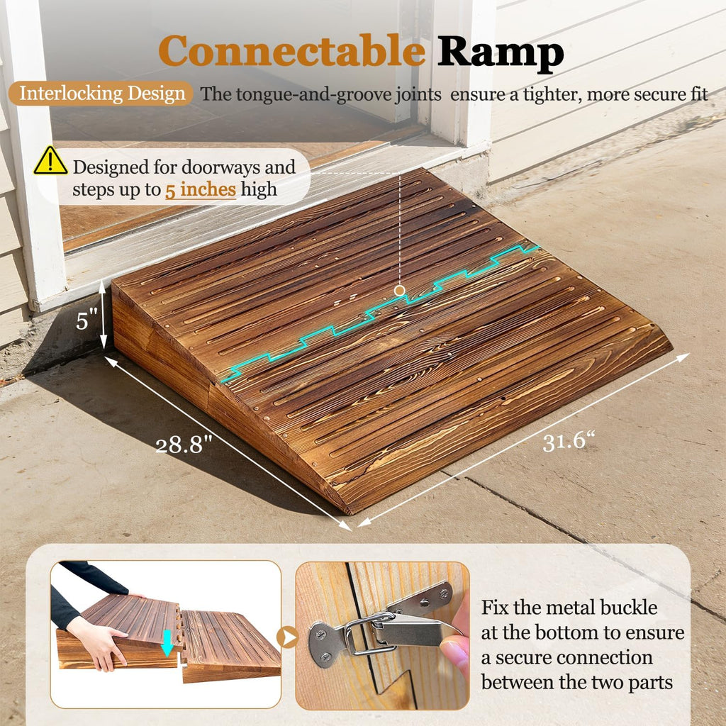Wooden Threshold Ramps for Doorways, Home Steps Wheelchair Ramps,Walker/Cart/Scooter Stair Ramp for Elderly Handicap with Non-Slip Grooves (31.6' W*5.0' H, Solid Wood, 600lbs Capacity)