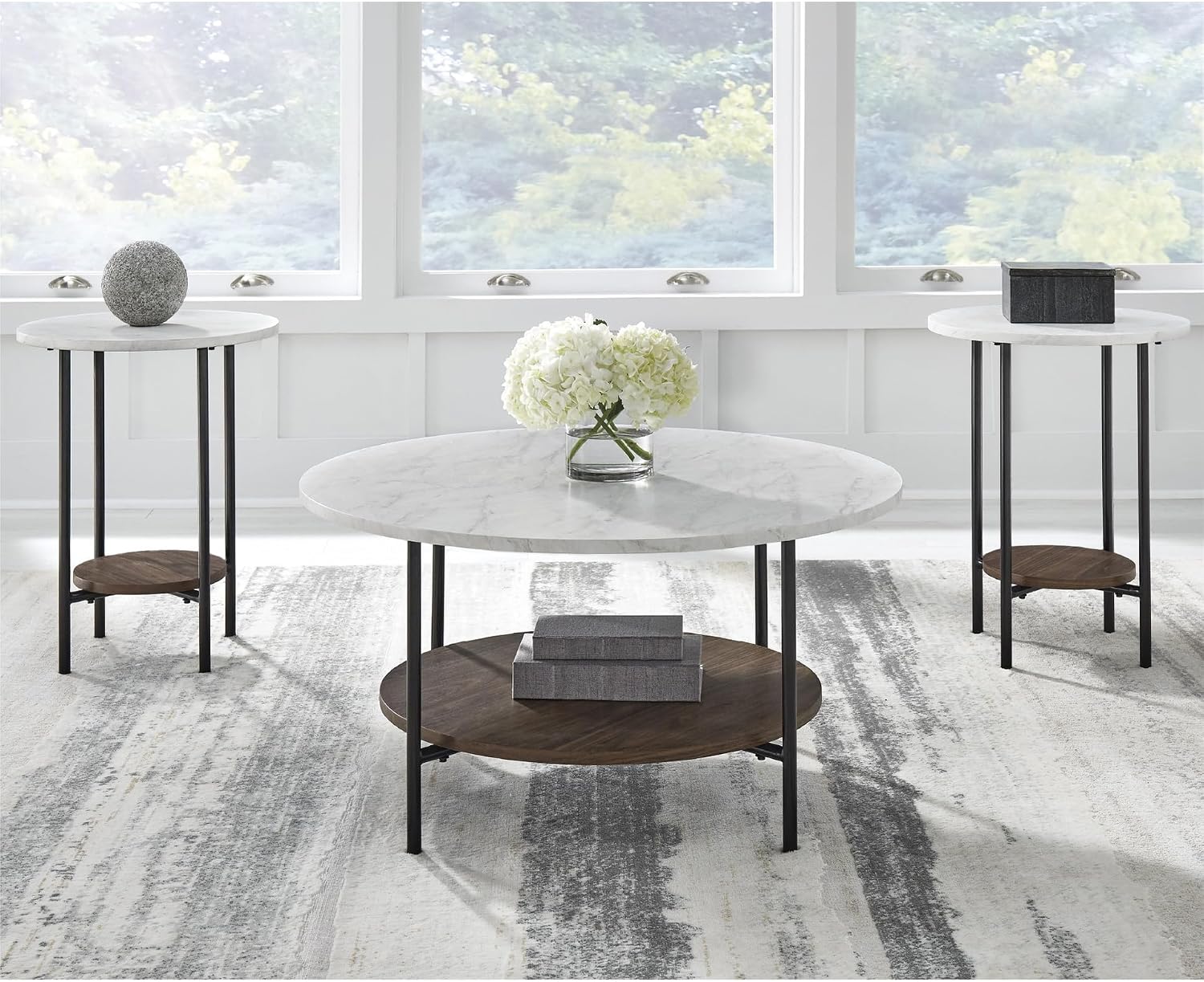 Signature Design by Ashley Wrenwich Contemporary Faux Marble Table with Shelf, Set of 3, Dark Brown & White
