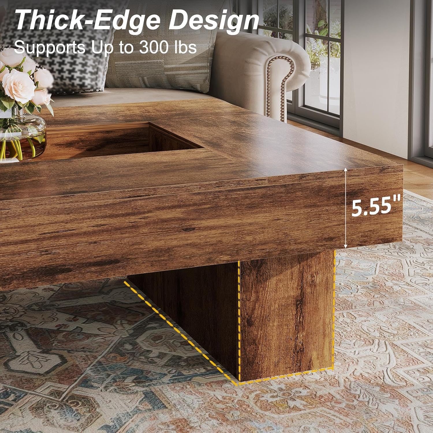LVB Rustic Coffee Table, Large Wood Living Room Table with Storage, Modern Long Rectangle Led Center Table, Farmhouse Unique Low Wide Tea Table with LED Light for Home Office, 47.24 in, Rustic Brown