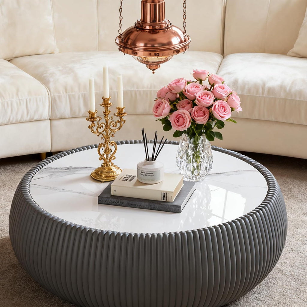 Modern Round Coffee Table Luxury Sintered Stone Top Coffee Table in Grey Leatherette Creative Drum-Shape Cocktail Center Table for Living Room Bedroom,Fully Assembled