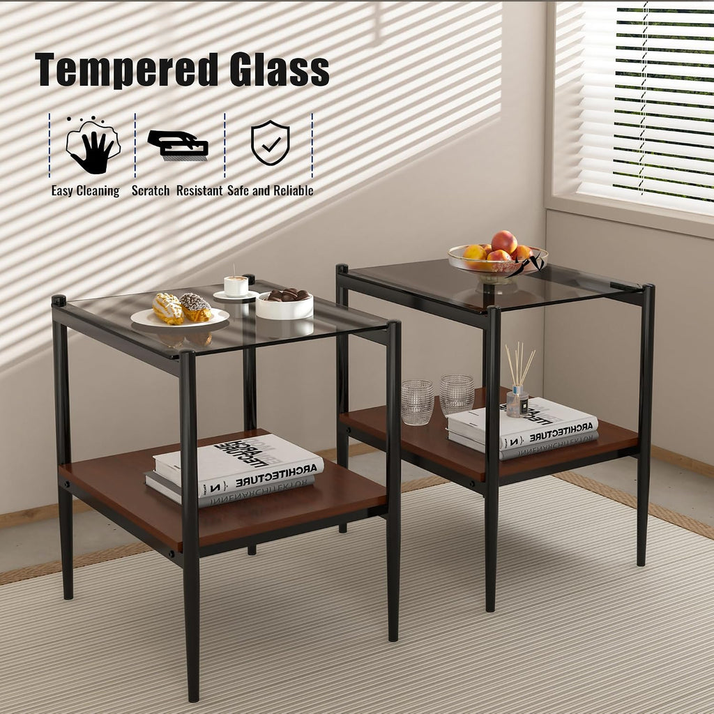 Grey Glass Coffee Table Sets of 3 Modern Living Room Table Set End Tables with Black Metal Legs and Walnut Bottom Shelf, Center Cocktail Furniture (Grey Brown)