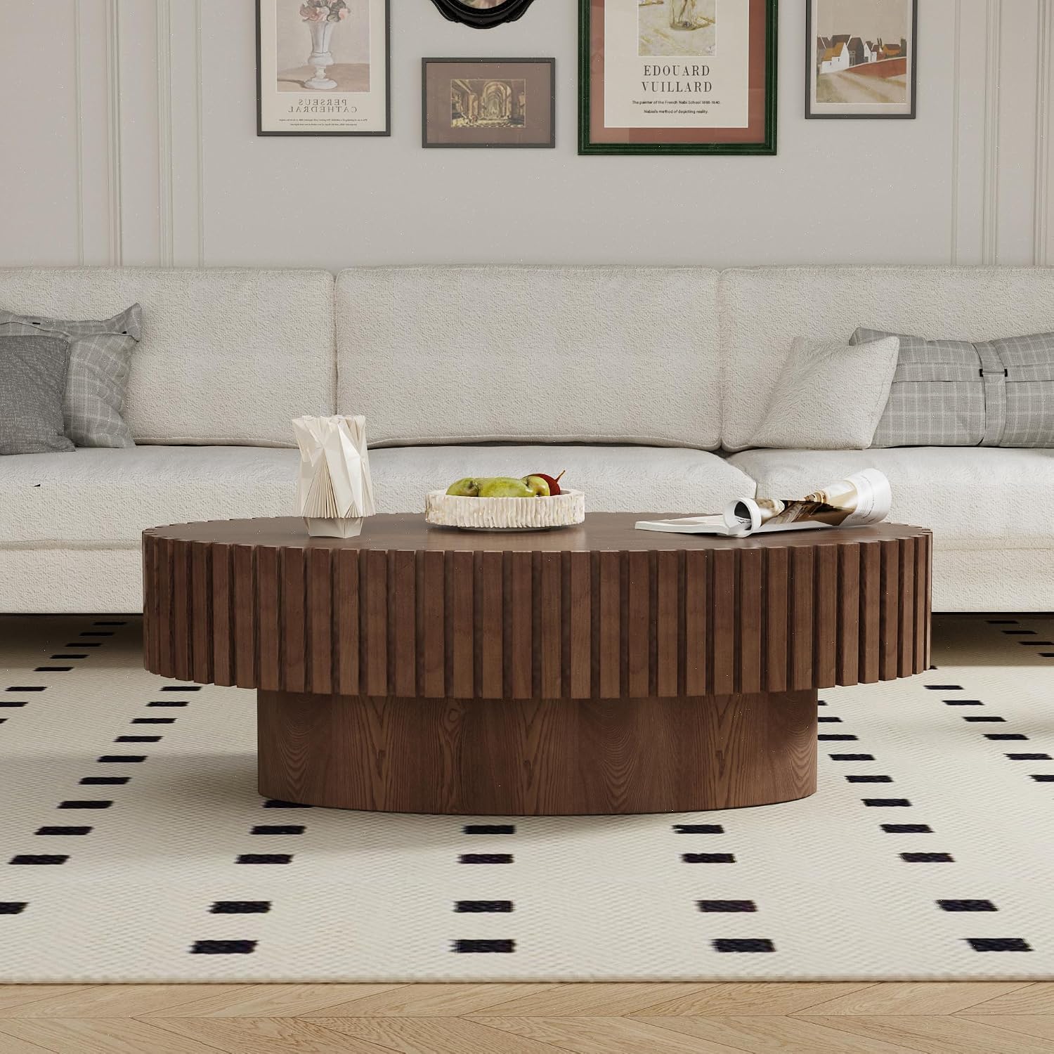 Oval Fluted Coffee Table Drum Coffee Tables for Living Room Modern Pedestal Center Table (Oval Brown 43.3in)