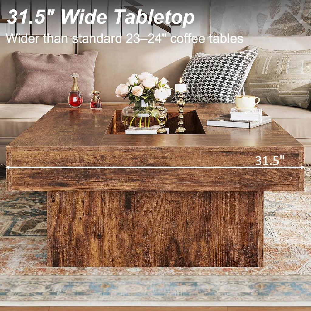 LVB Rustic Coffee Table, Large Wood Living Room Table with Storage, Modern Long Rectangle Led Center Table, Farmhouse Unique Low Wide Tea Table with LED Light for Home Office, 47.24 in, Rustic Brown