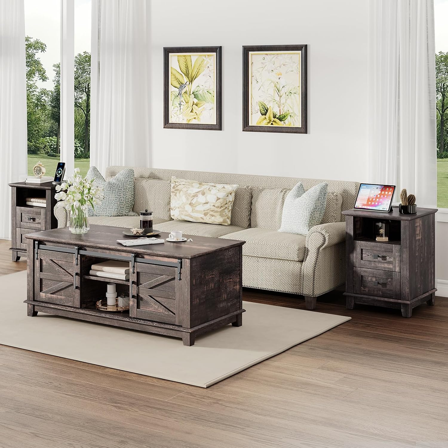 LUXOAK Farmhouse Table Set of 3, Coffee Table with Sliding Barn Doors, End Tables Set of 2 with Charging Station for Living Room & Bedroom, Sliding Barn Doors, 2 Tiers Storage Drawer, Dark Rustic Oak