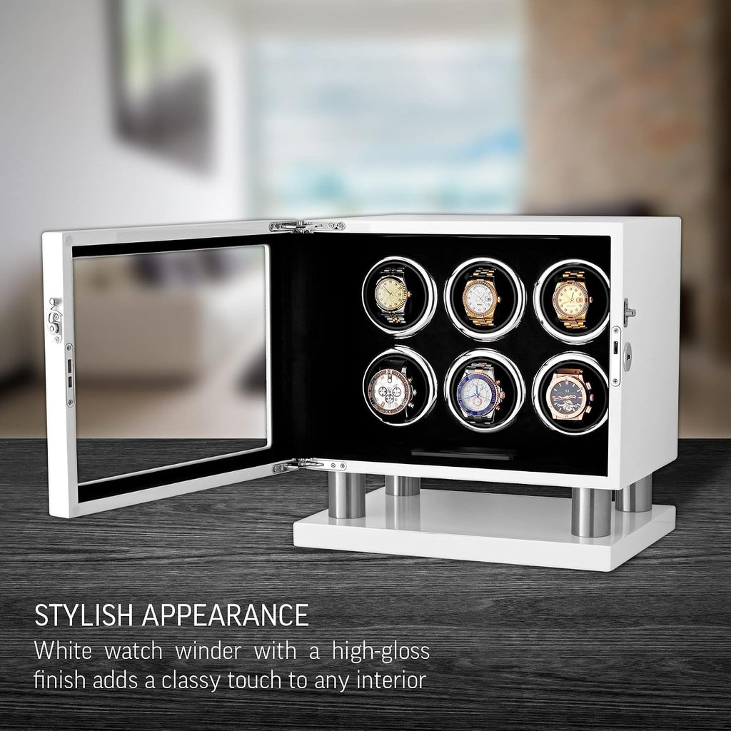 Watch Winder for 6 Watches with LED Light, LCD Display and Motor-Stop Option